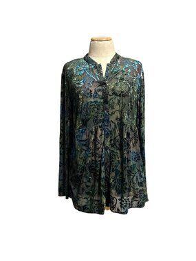 Chicos Women's Size M Velvet floral design Button-Down Long Sleeve Blouse Shirt